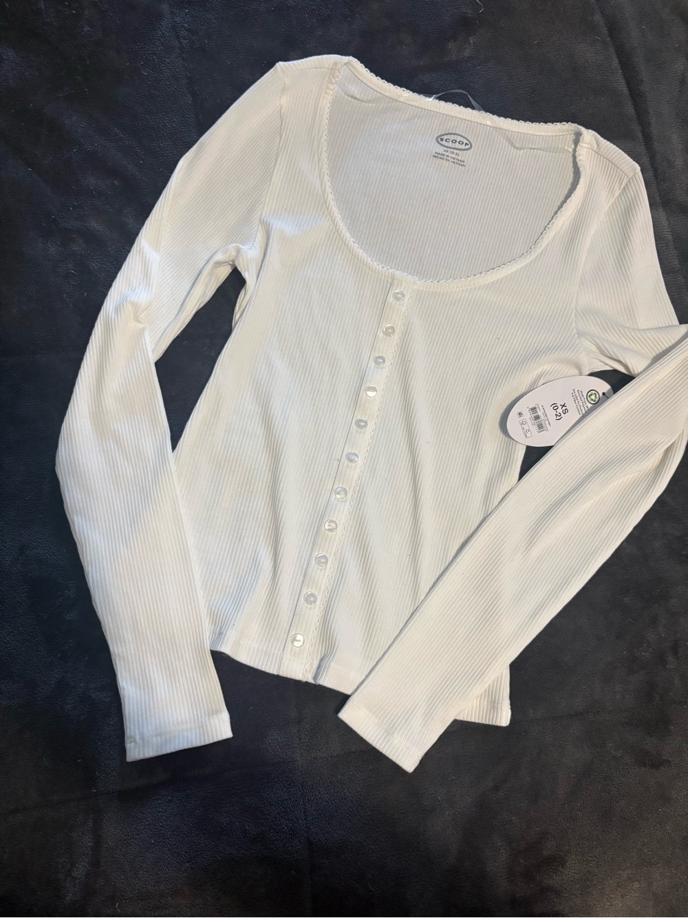 Scoop Ribbed Button-Front Long Sleeve Top Size XS